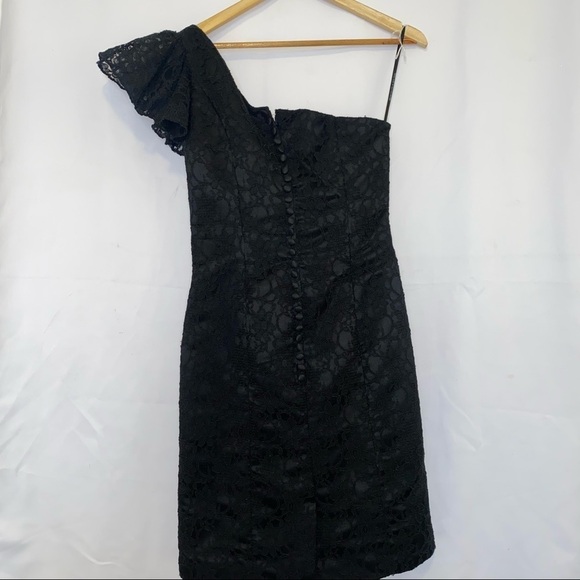 Mori Lee Style 31020 Black Lace One Shoulder Bridesmaid Midi Dress Size 8 - Picture 5 of 12